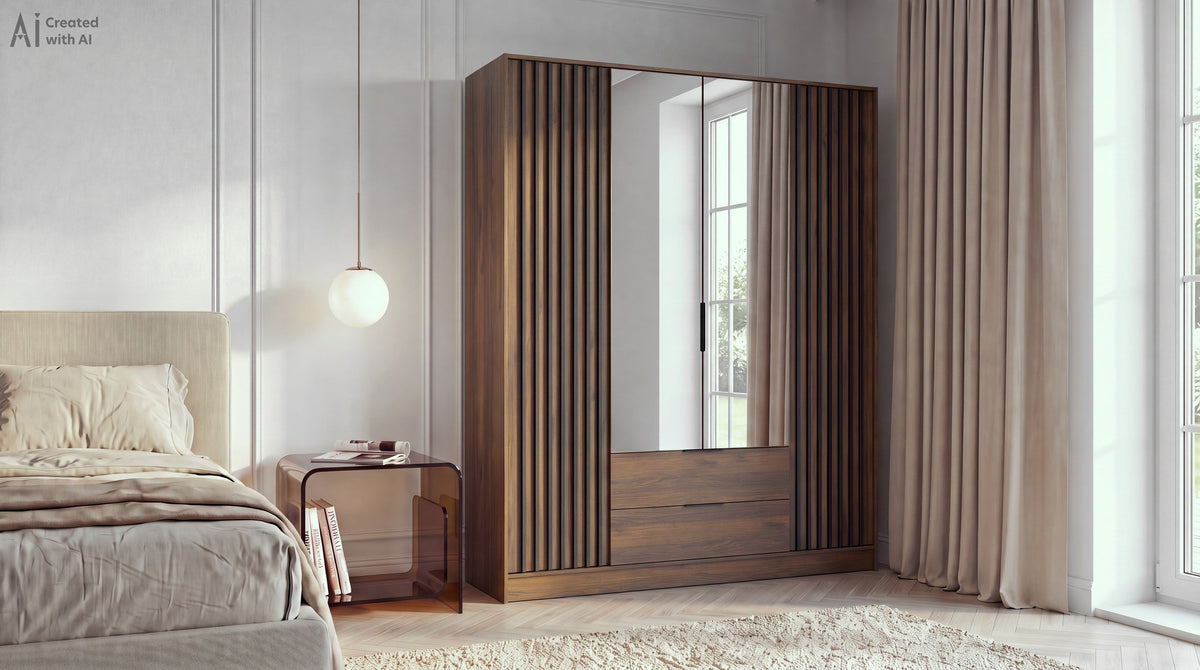 Nelly four-door mirrored wardrobe in Katania Walnut beside a bed in a neutral bedroom