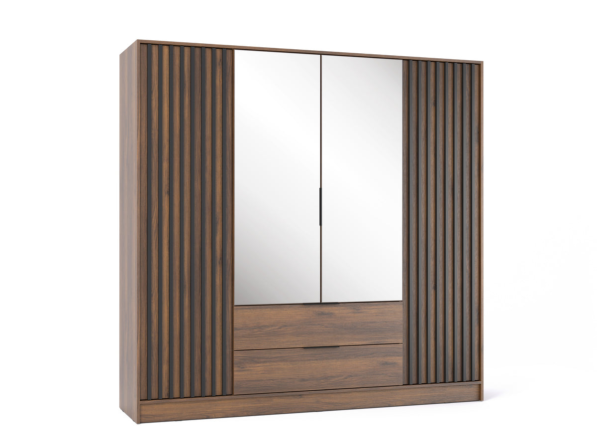 Nelly 4D mirrored wardrobe in Katania Walnut with slatted outer doors and two lower drawers