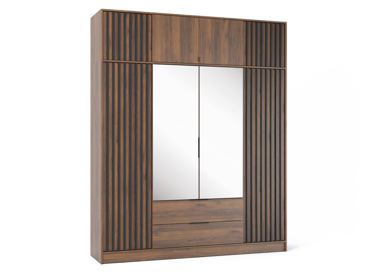 Nelly 4D mirrored Katania Walnut wardrobe with matching top extension and slatted outer doors