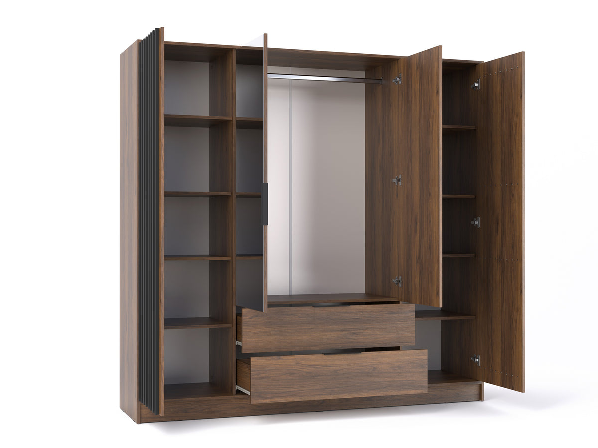 Open Nelly 4D Katania Walnut wardrobe showing central hanging rail, side shelving and two extended drawers