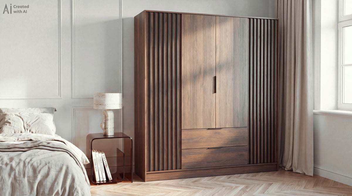 Nelly four-door wardrobe without mirror in Katania Walnut beside a bed in a neutral bedroom