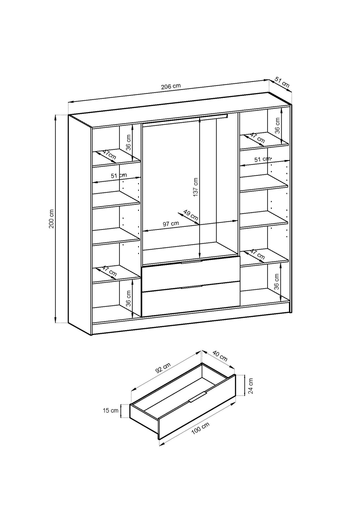 Nelly 4D wardrobe internal dimension diagram showing 206 cm width, 200 cm height, 51 cm depth, hanging section, side shelves and drawers