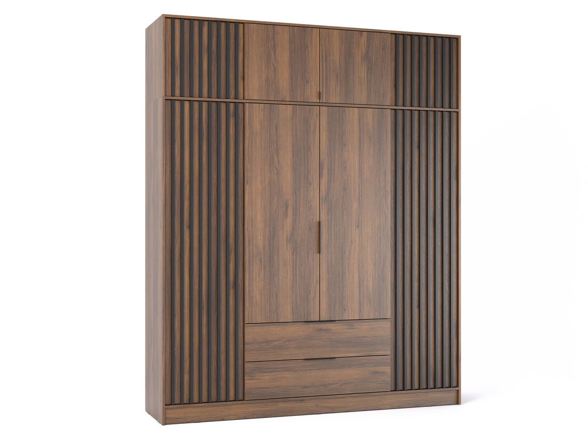 Nelly four-door wardrobe without mirror in Katania Walnut with two central doors, slatted outer doors and top extension