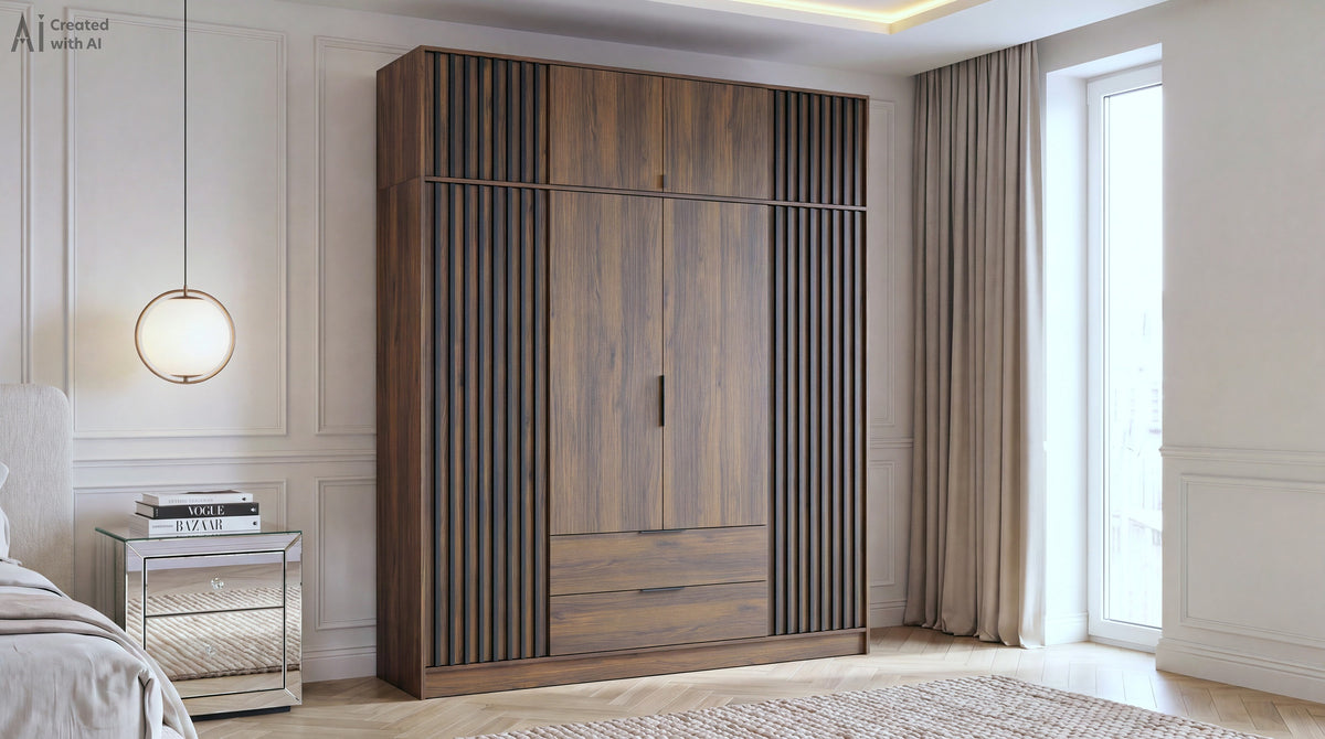 Nelly four-door Katania Walnut wardrobe without mirror and with top extension in a bright bedroom