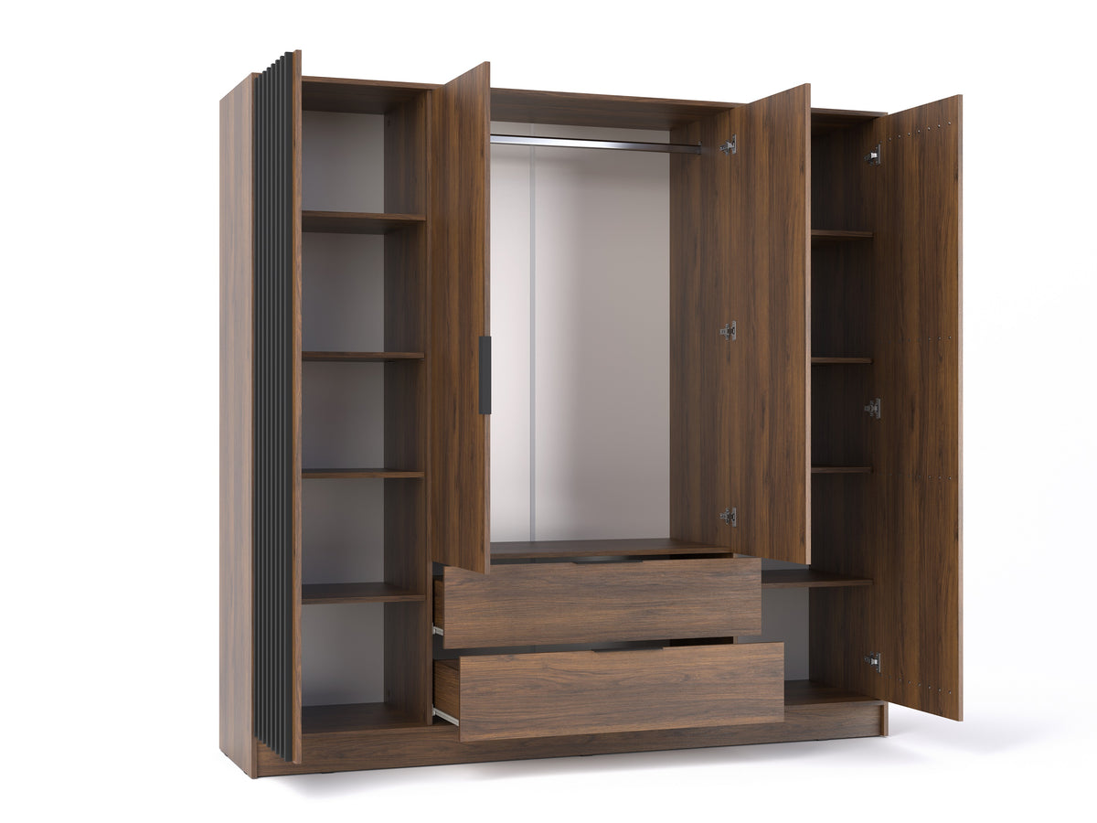 Open Nelly 4D Katania Walnut wardrobe without mirror showing central hanging rail, side shelves and two extended drawers