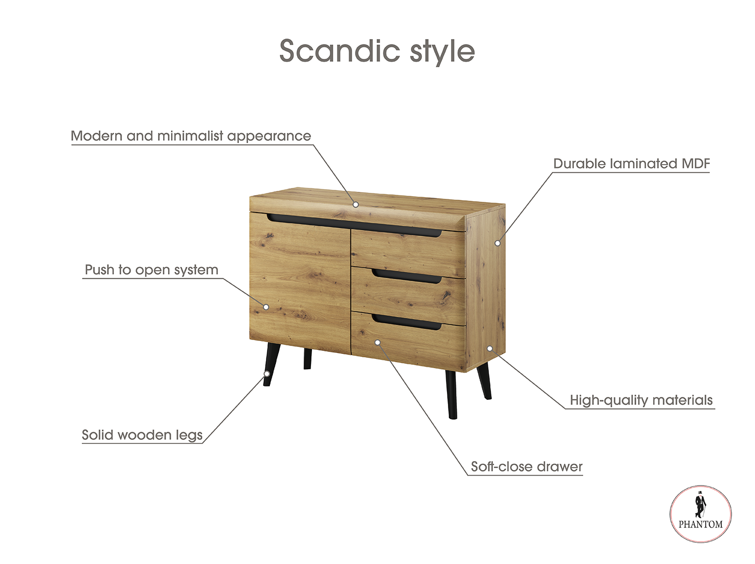 Nordi Chest of Drawers Artisan Oak - Scandic Style whit One Push to Open System Doors and Three Drawers