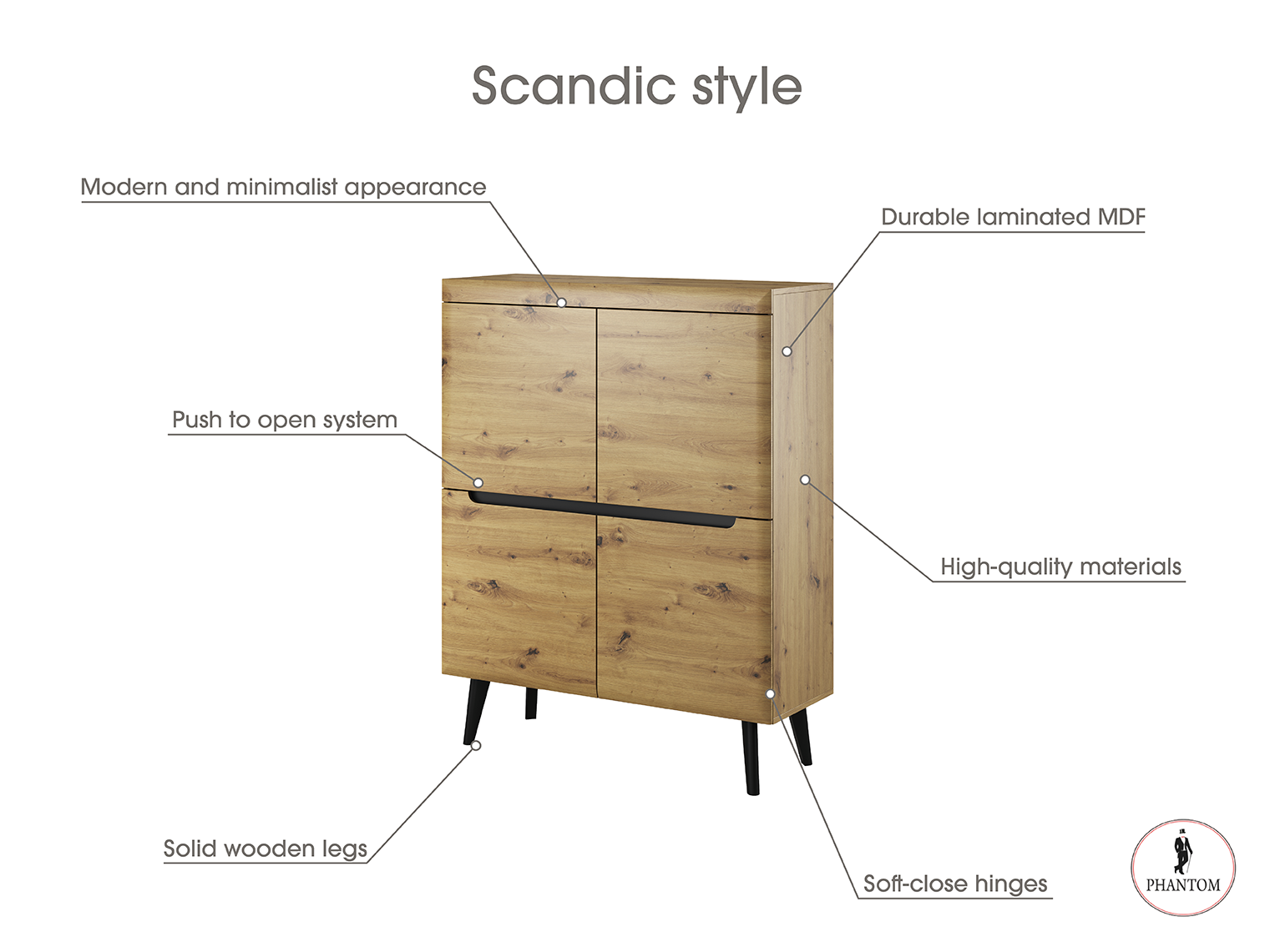 Nordi Chest of Drawers Artisan Oak - Scandic Style whit Four Push to Open System Doors