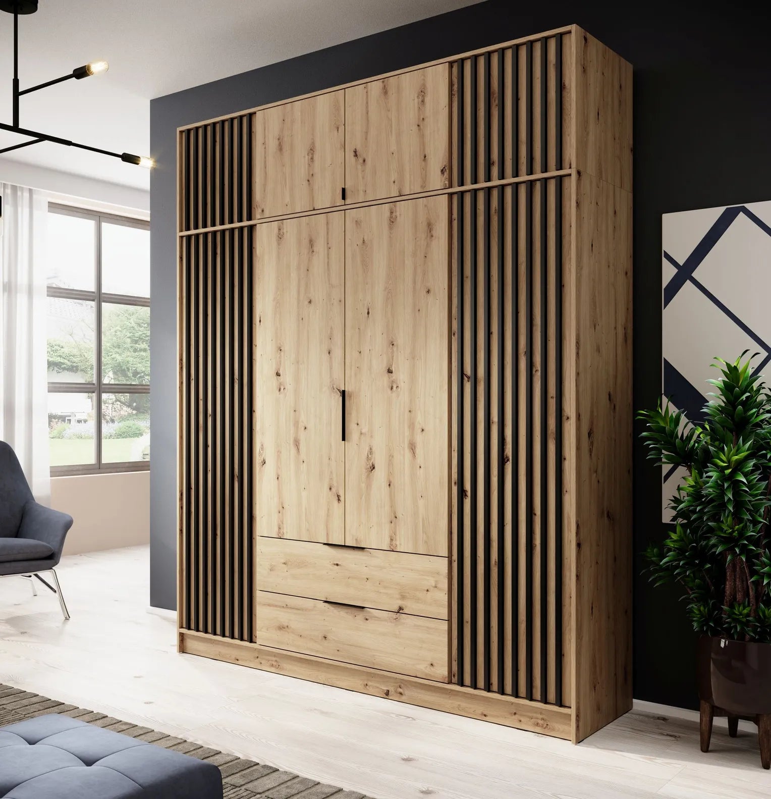 NELLY 4D WARDROBE EXTENSION IN OAK ARTISAN / BLACK SLATS