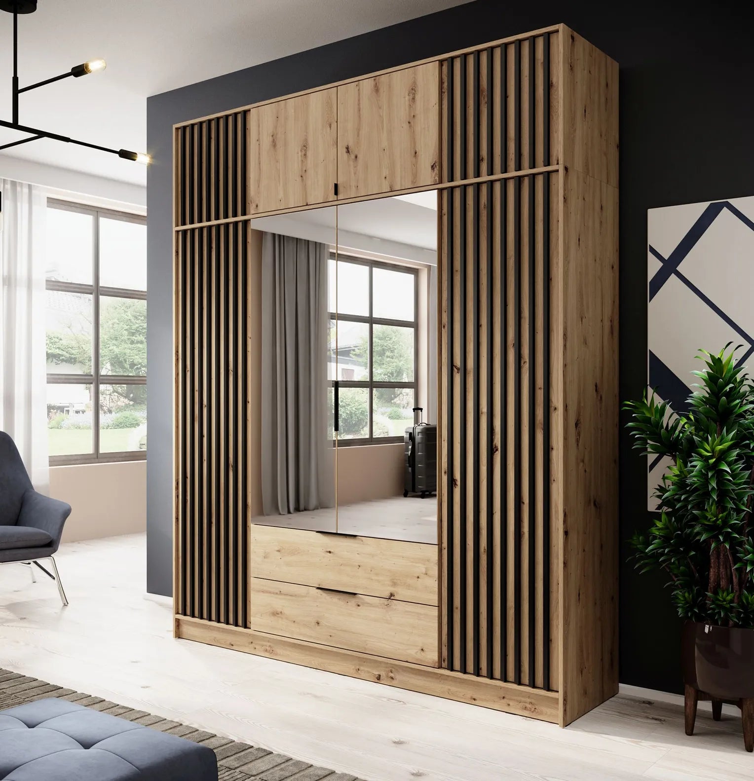 NELLY 4D WARDROBE EXTENSION IN OAK ARTISAN / BLACK SLATS