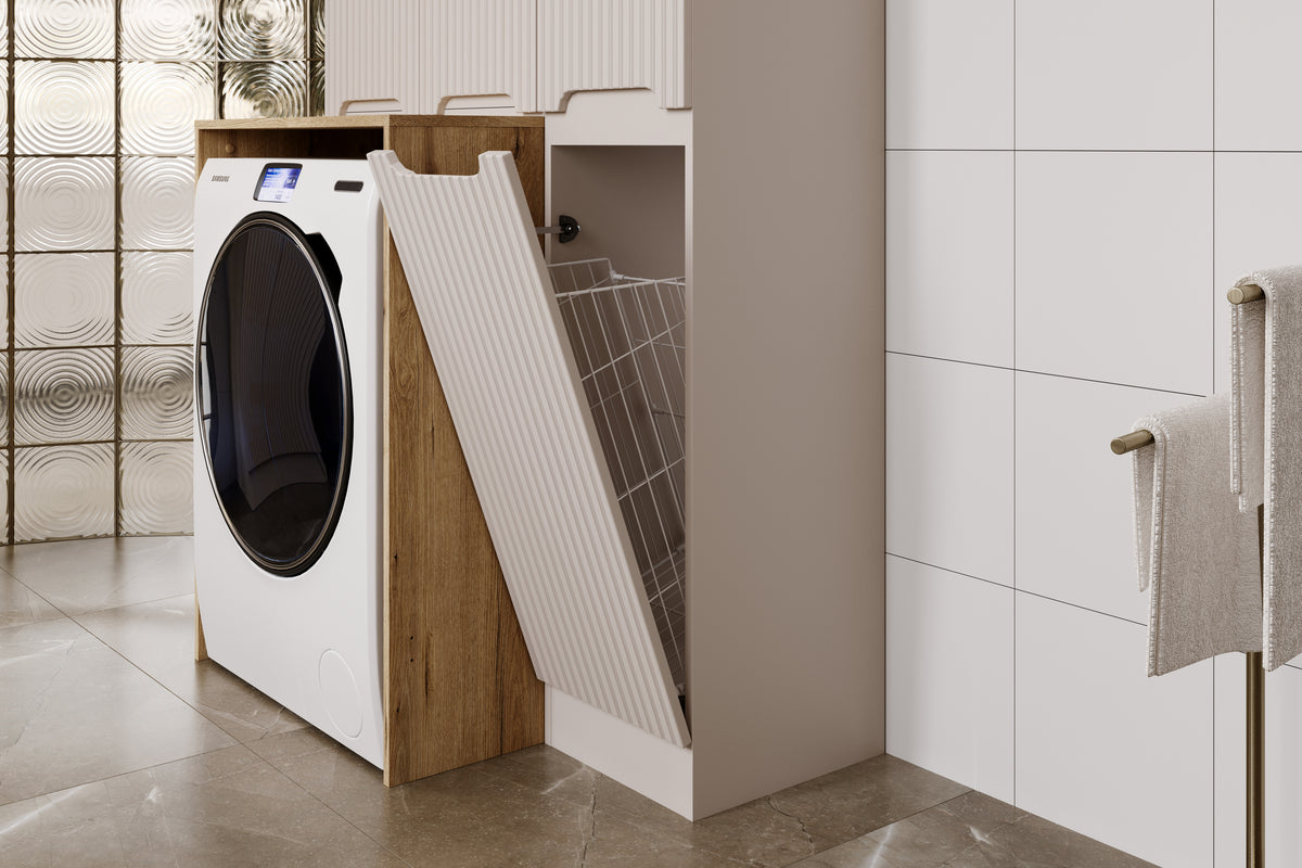 Nova Cashmere Tall Cabinet with Laundry Basket – Cashmere Matt, 35 cm