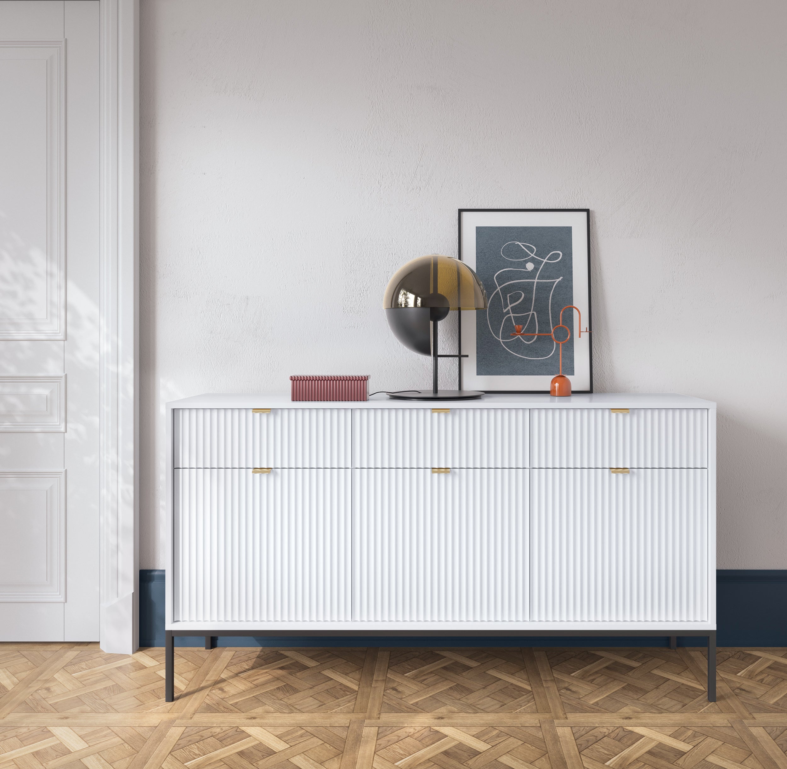 Nova Dresser White - Modern Design with Three Push to Open Door and Three Drawers