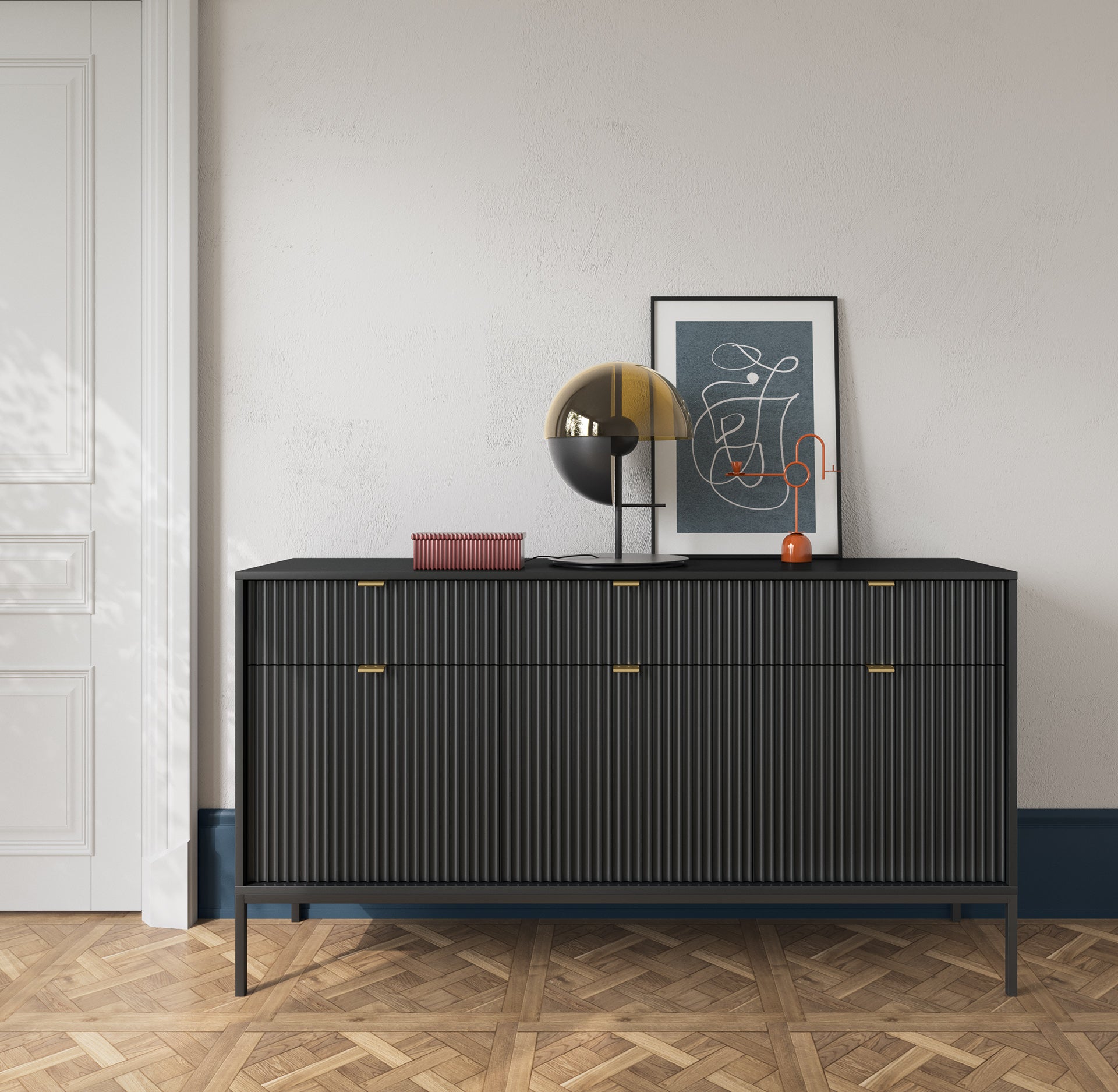 Nova Dresser Black - Modern Design with Three Push to Open Door and Three Drawers