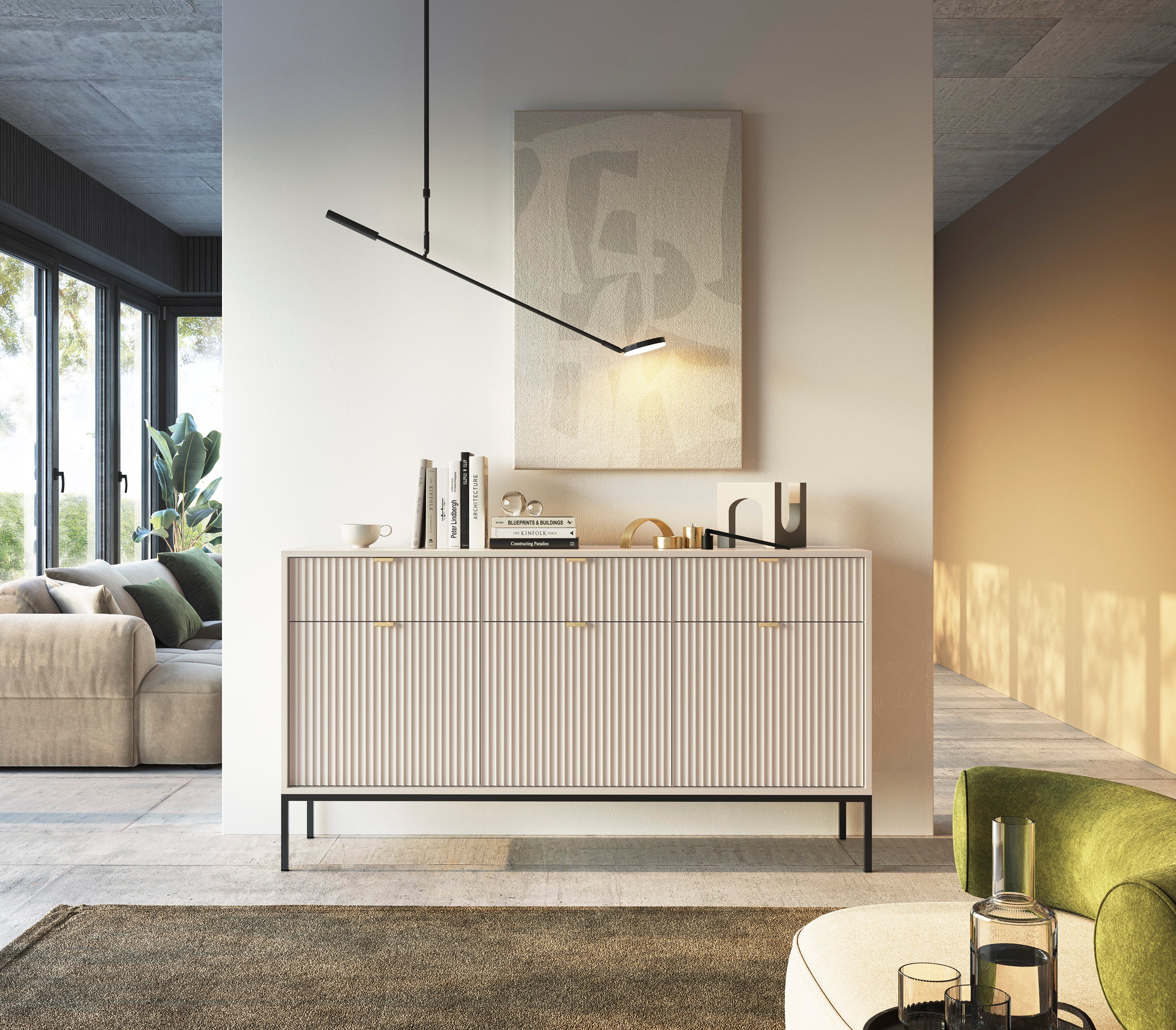 Nova Dresser Cashmere- Modern Design with Three Push to Open Door and Three Drawers