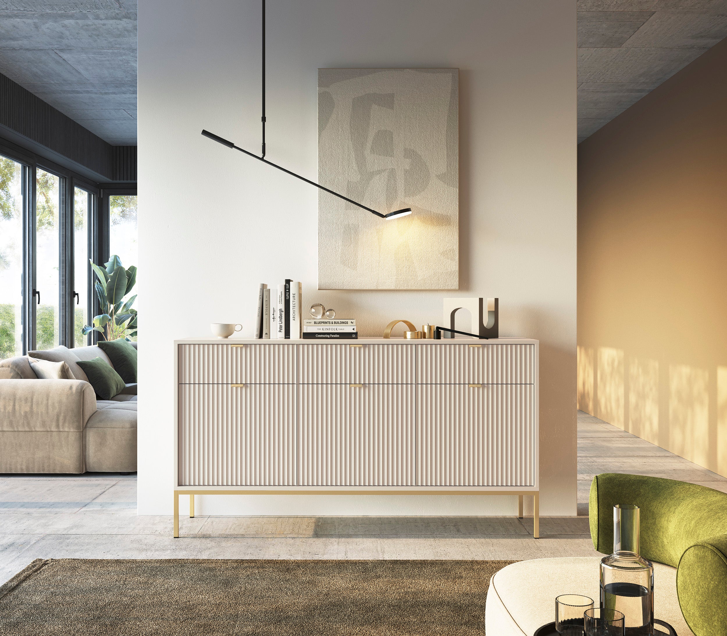 Nova Dresser Cashmere- Modern Design with Three Push to Open Door and Three Drawers