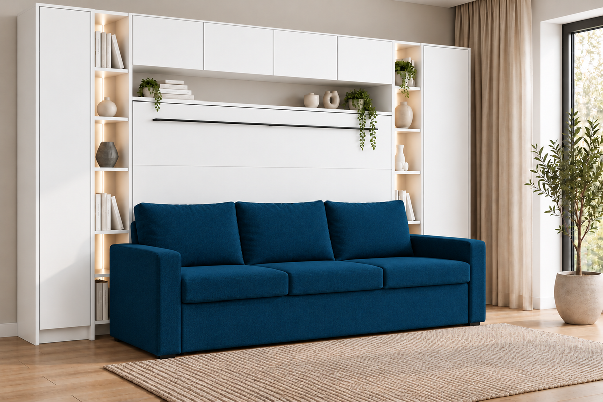 Genius Comfort Horizontal Murphy Bed with Sofa 140x200 cm – White Matt