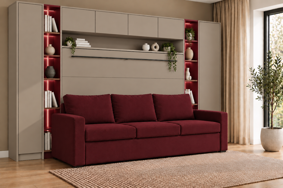 Closed Congo horizontal Murphy bed with burgundy sofa, overbed cupboards and illuminated red side shelves in a living room