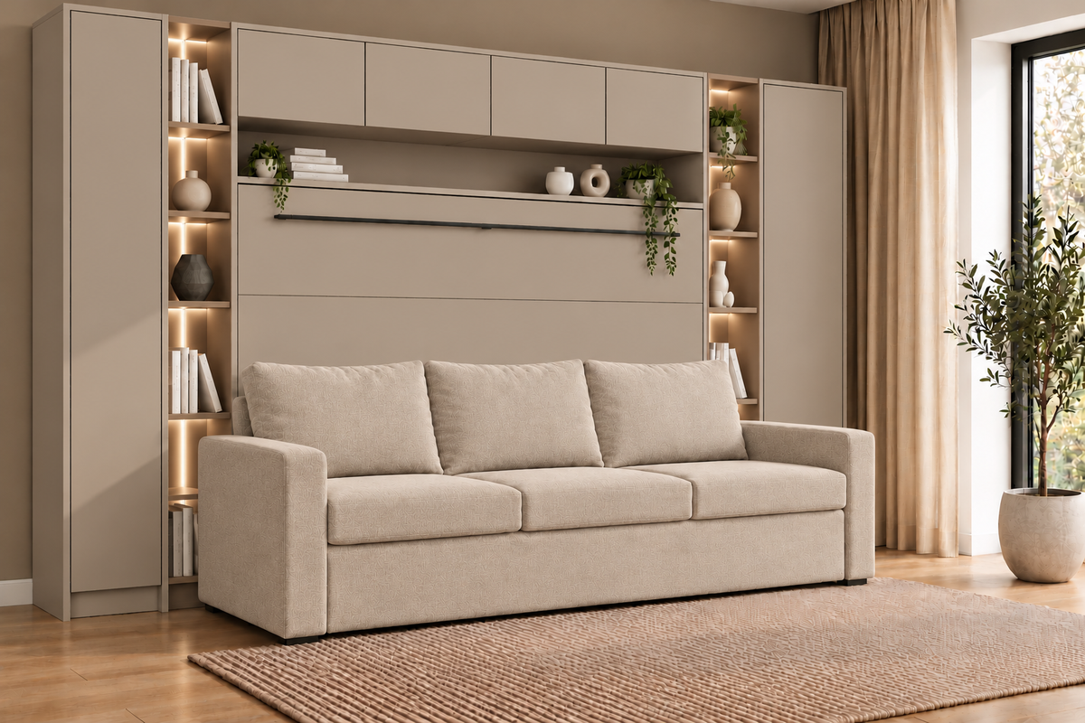 Closed Congo horizontal Murphy bed with beige sofa, overbed cupboards and illuminated side shelving in a living room