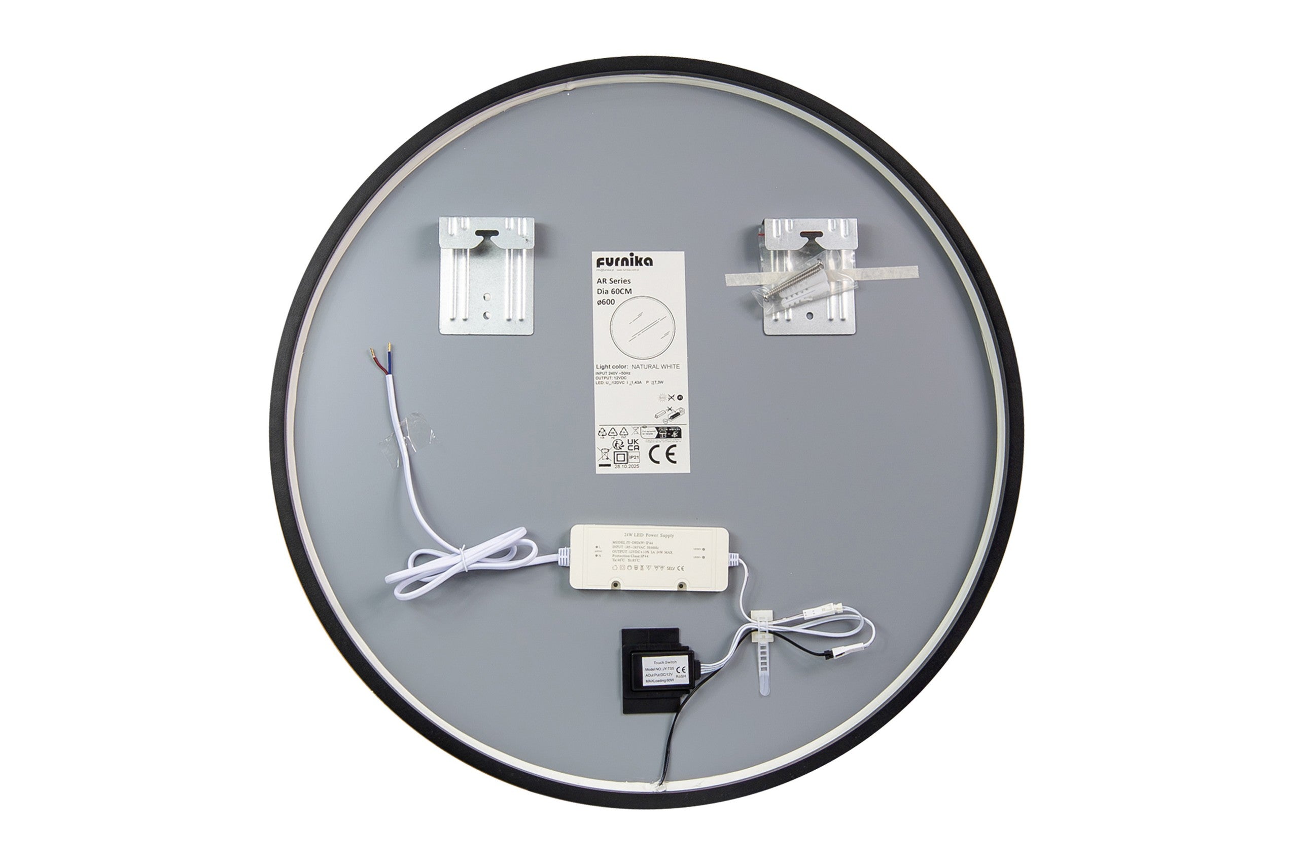 Orion LU LED 80 – Round LED Bathroom Mirror with Black Frame & Acrylic Light Ring, 80 cm