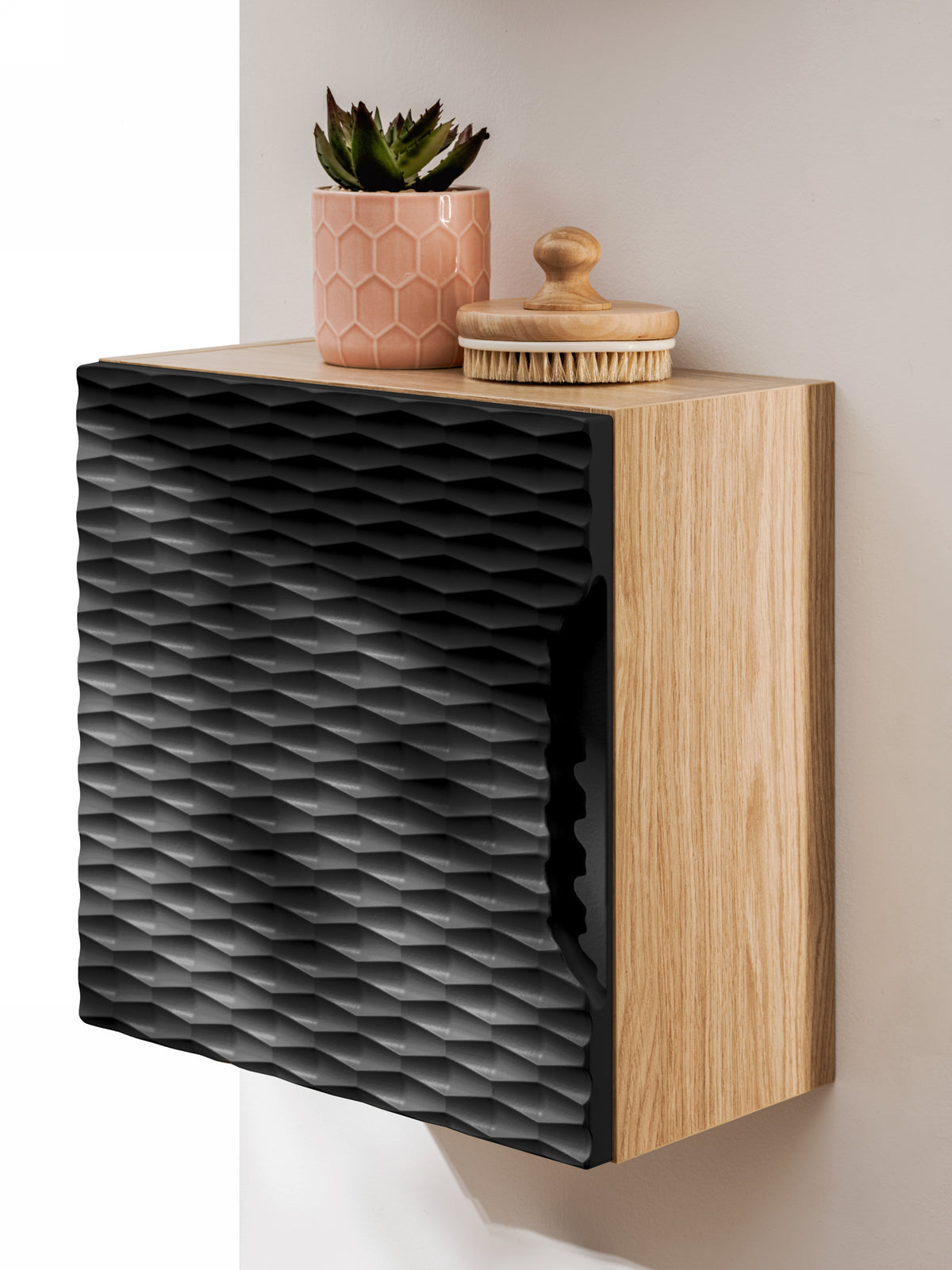 Ocean Qubik Wall Cabinet 1-Door – Black Matt / Oiled Oak, 35x35 cm