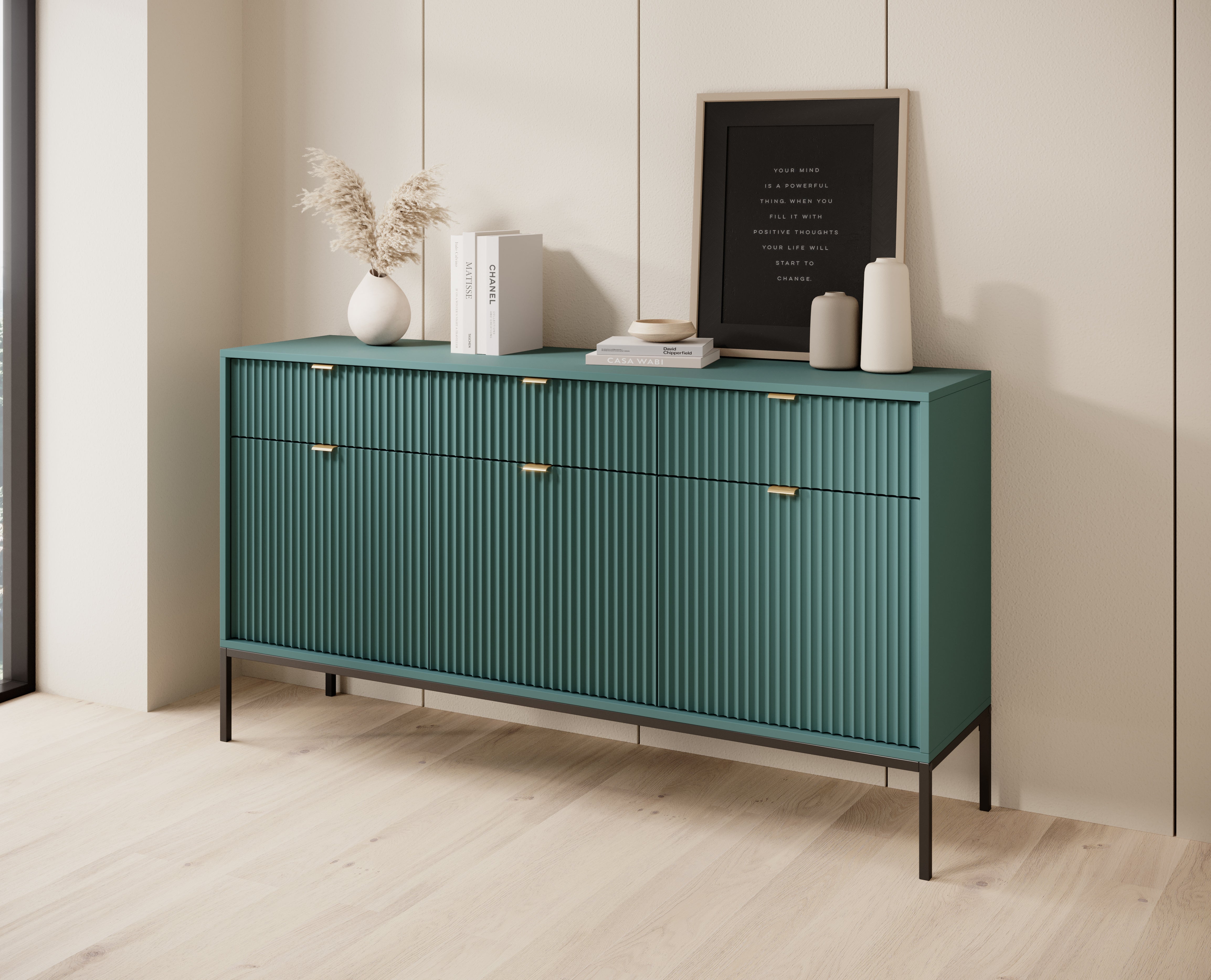 Nova Dresser Labrador Green- Modern Design with Three Push to Open Door and Three Drawers