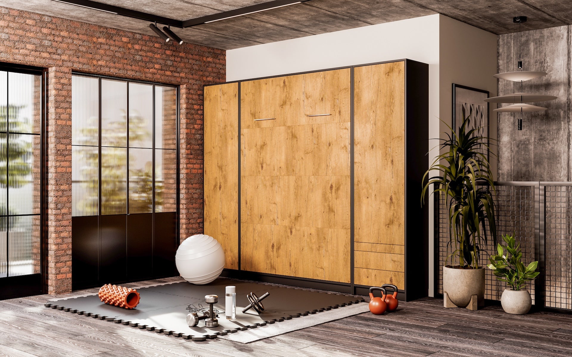 Customizable Murphy Bed Basic Vertical Furniture Set Black and Lancelot Oak 90, 120, 140 x 200 cm