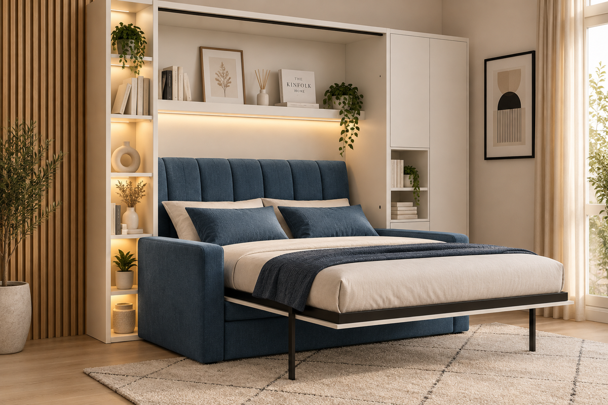 Customizable Genius Comfort Murphy Bed with Sofa 140 x 200 cm – White Matt