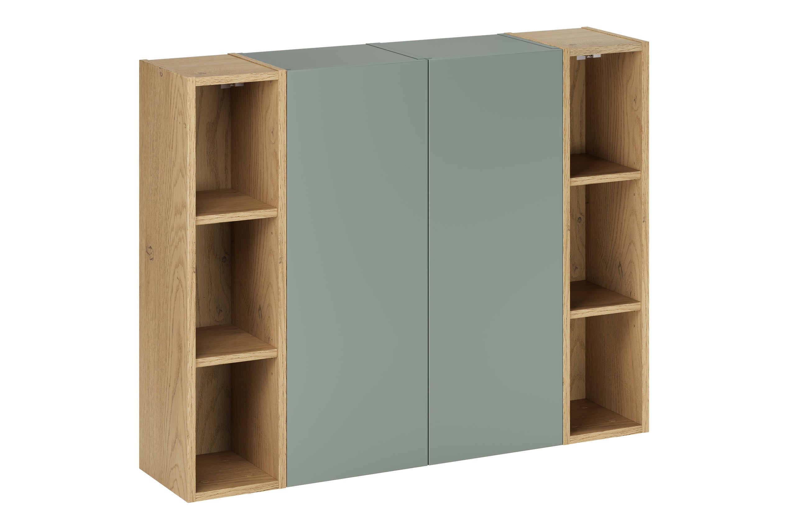 2× Aster Green Wall-Hung Cabinet 1 Door + 2× Cremona UN Open Shelf – Aloes Matt / Oak, 100 cm Set