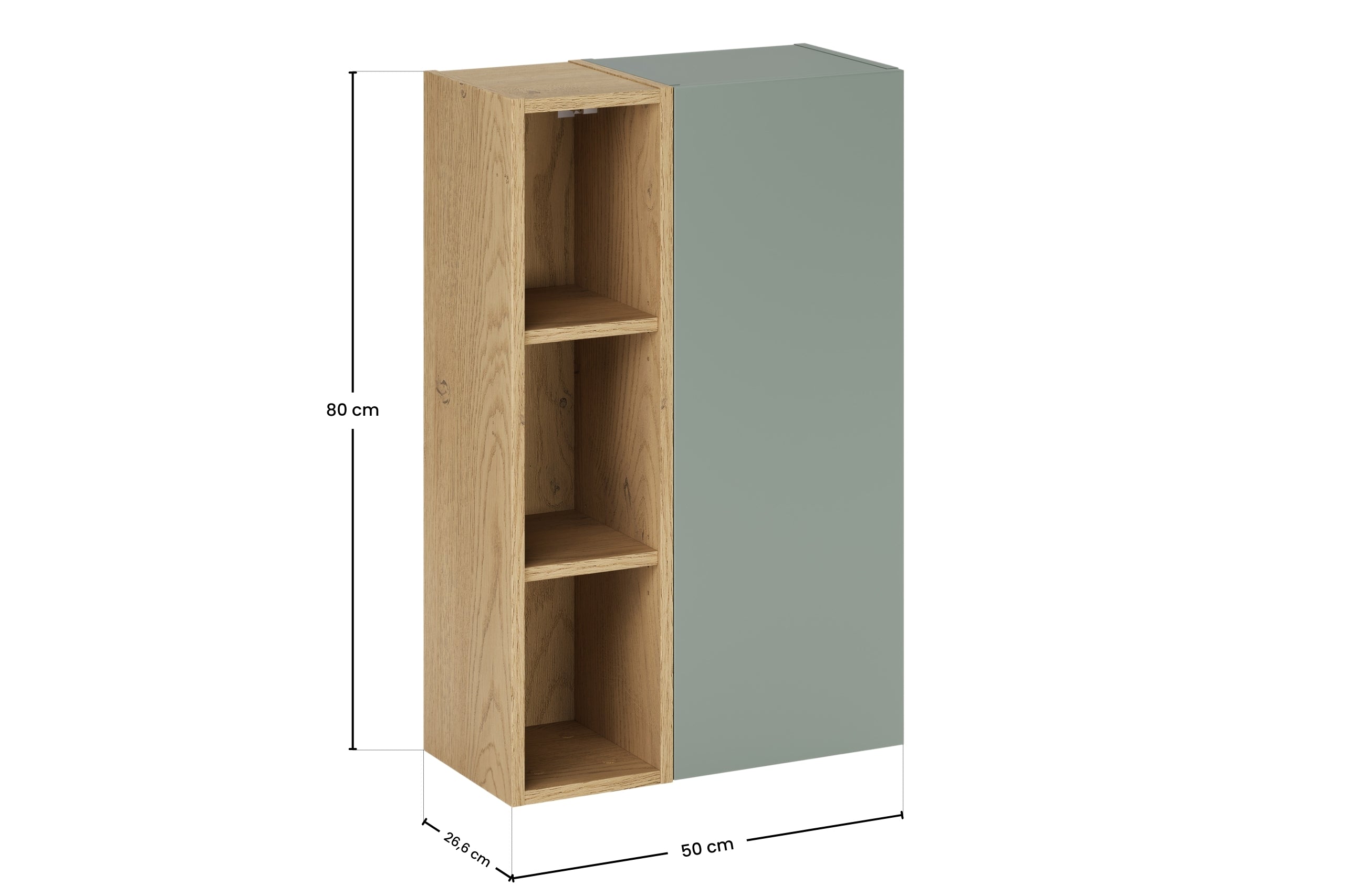2× Aster Green Wall-Hung Cabinet 1 Door + 2× Cremona UN Open Shelf – Aloes Matt / Oak, 100 cm Set