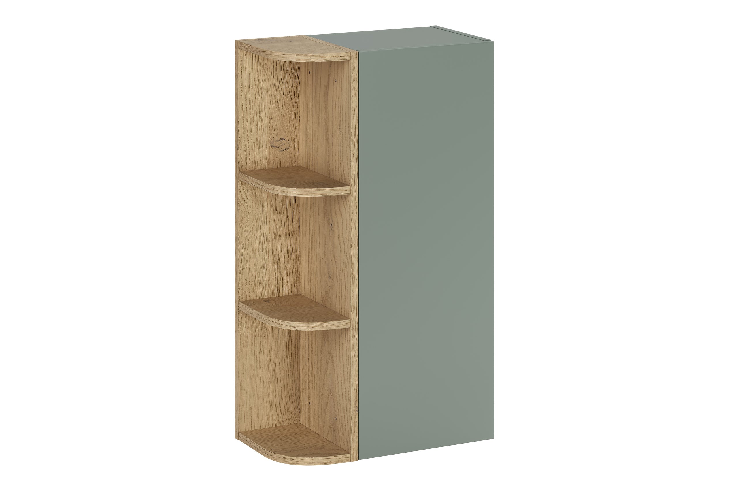 Aster Green Wall-Hung Cabinet 1 Door + Cremona UN Corner Shelf – Aloes Matt / Oak, 45 cm Set