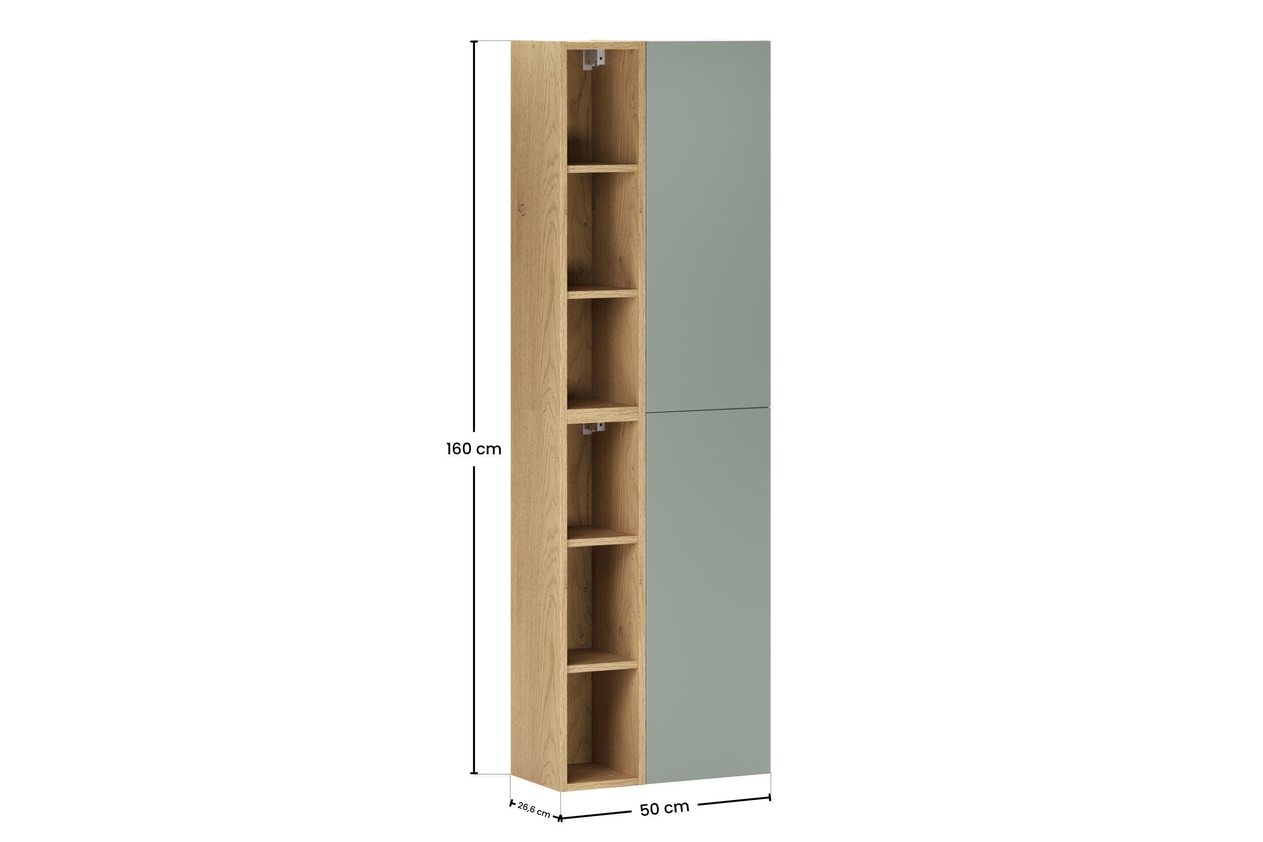 2× Aster Green Wall-Hung Cabinet 1 Door + 2× Cremona UN Open Shelf – Aloes Matt / Oak, Vertical Set
