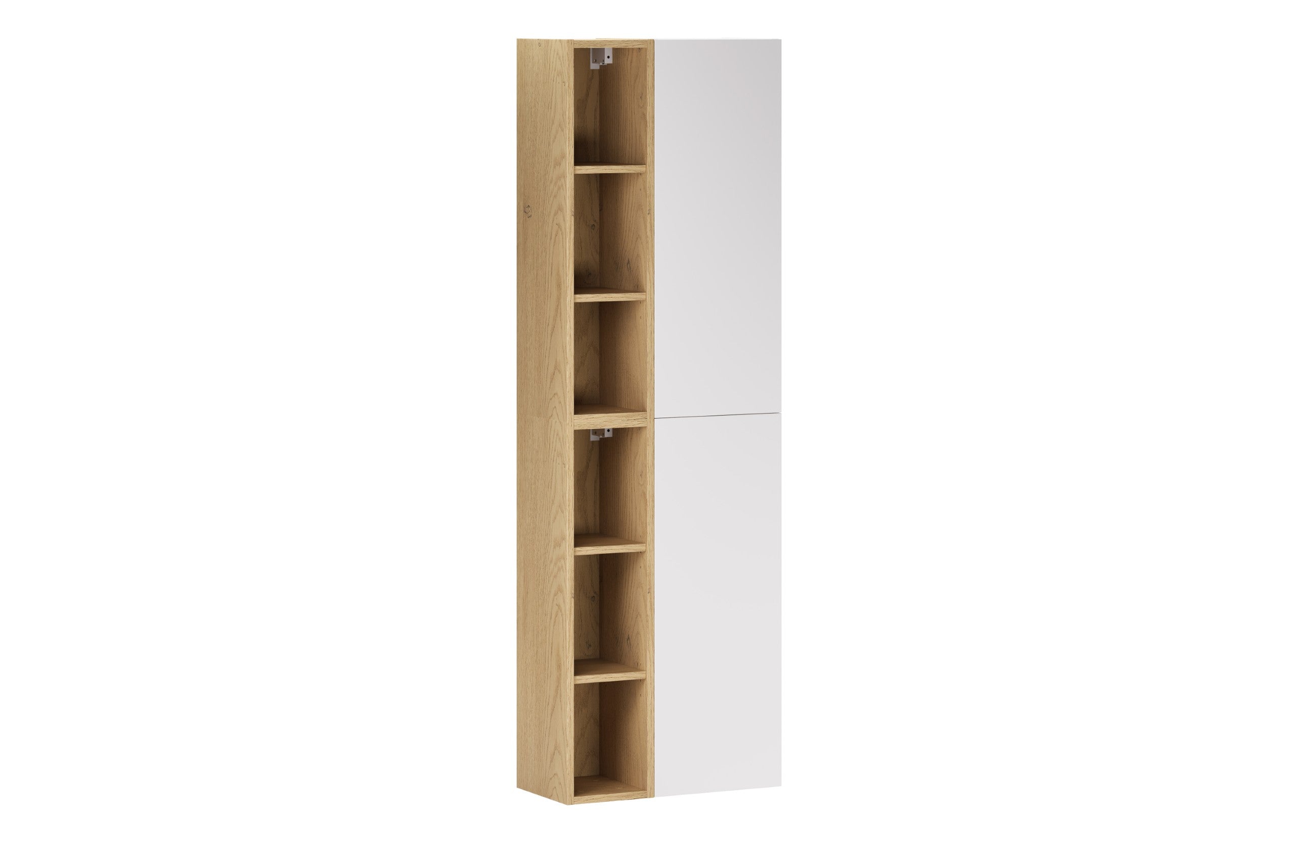 2× Aster White Wall-Hung Cabinet 1 Door + 2× Cremona UN Open Shelf – White Matt / Oak, Vertical Set