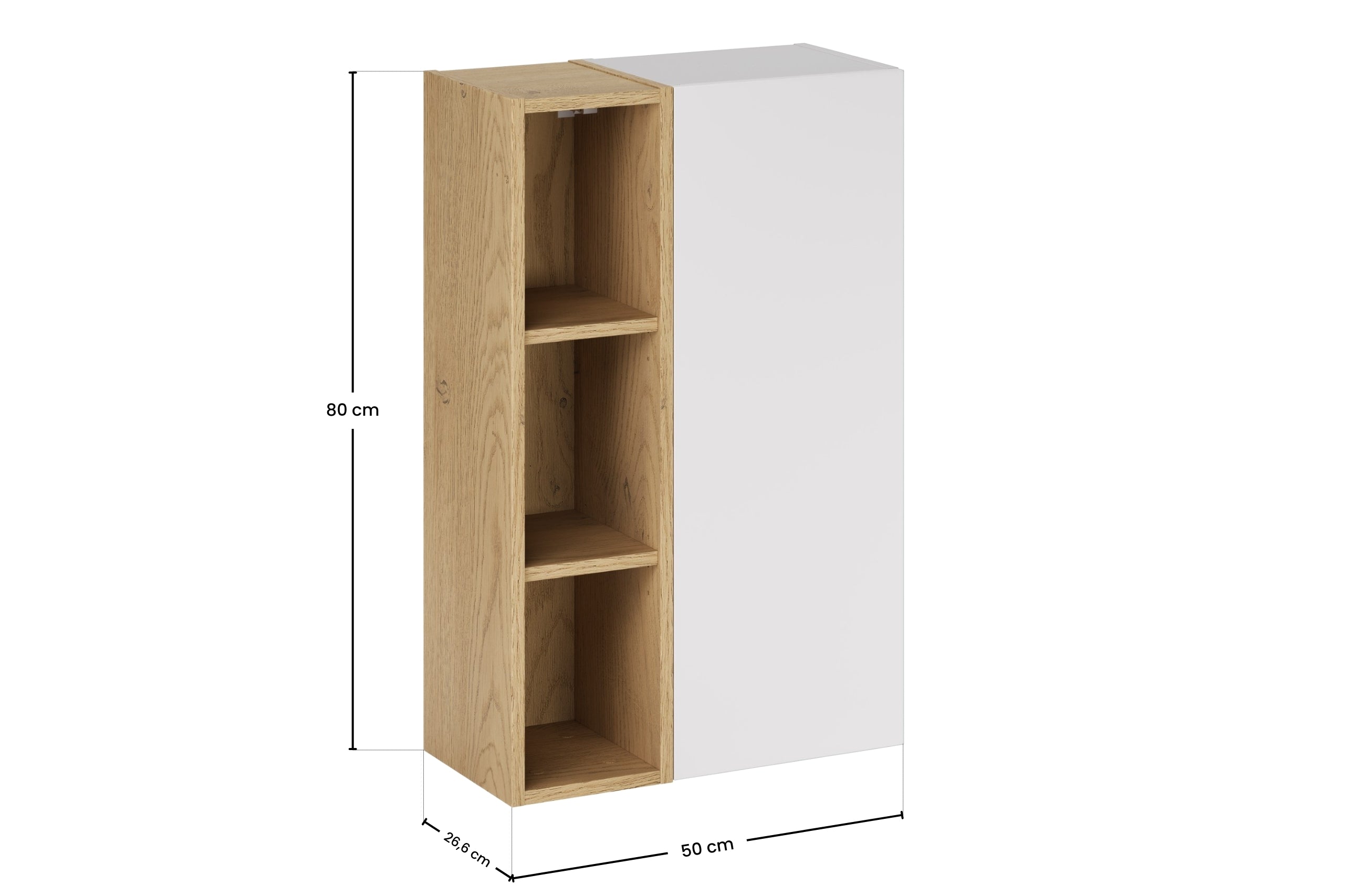 Aster White Wall-Hung Cabinet 1 Door + Cremona UN Open Shelf – White Matt / Oak, 50 cm Set