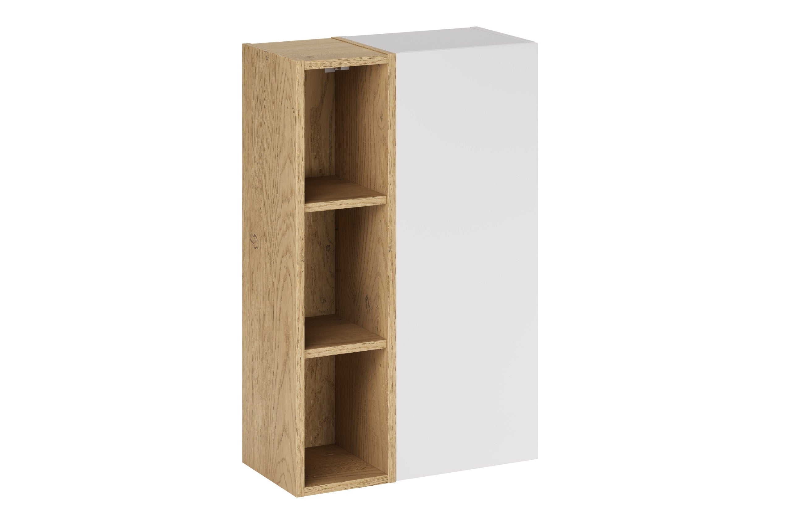 Aster White Wall-Hung Cabinet 1 Door + Cremona UN Open Shelf – White Matt / Oak, 50 cm Set