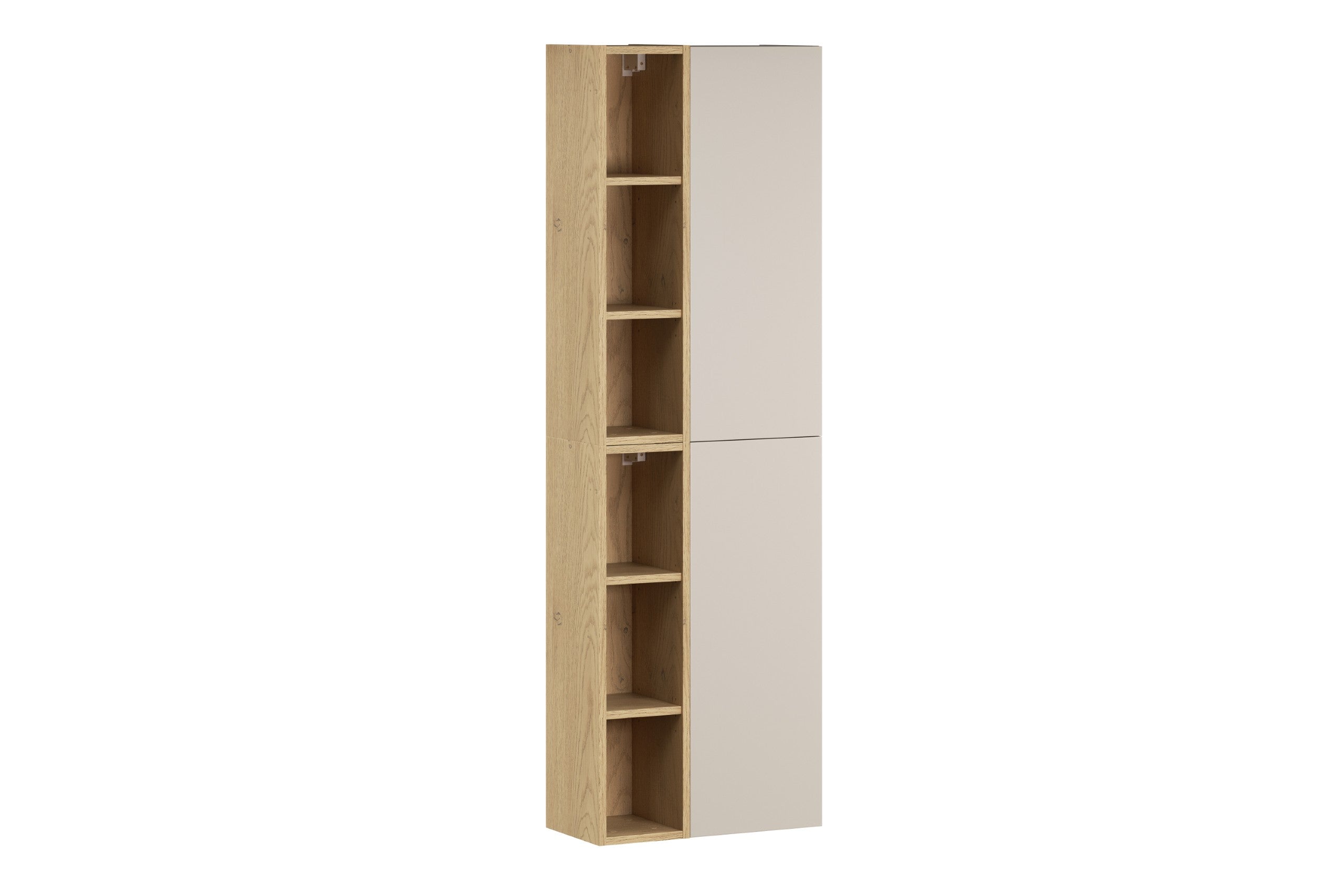 2× Dalia Cashmere Wall-Hung Cabinet 1 Door + 2× Cremona UN Open Shelf – Cashmere / Oak, Vertical Set