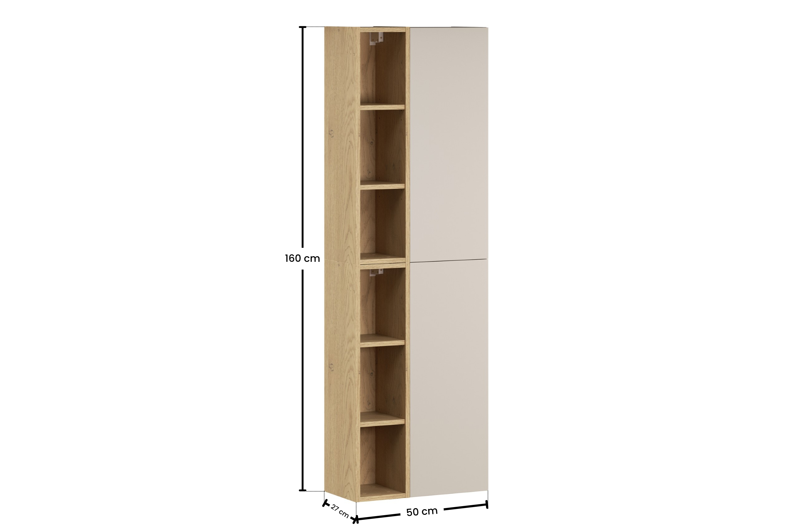 2× Dalia Cashmere Wall-Hung Cabinet 1 Door + 2× Cremona UN Open Shelf – Cashmere / Oak, Vertical Set