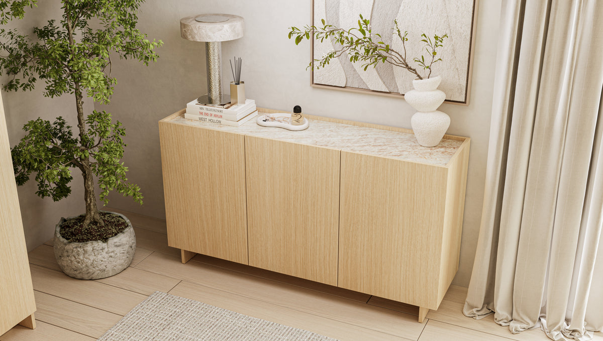 SOBA 3-Door Sideboard – Copenhagen Oak with Beige Stone-Effect Top, 150 cm