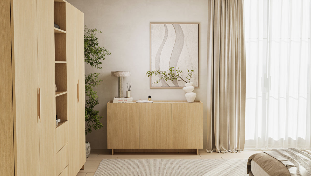 SOBA 3-Door Sideboard – Copenhagen Oak with Beige Stone-Effect Top, 150 cm