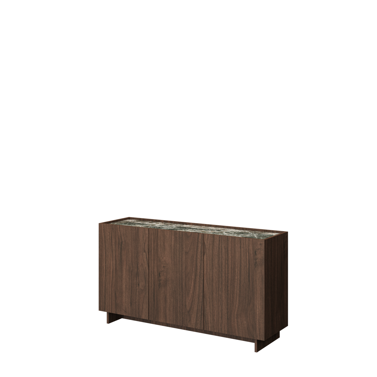 SOBA three-door sideboard in Villa Walnut with green stone-effect top, angled view