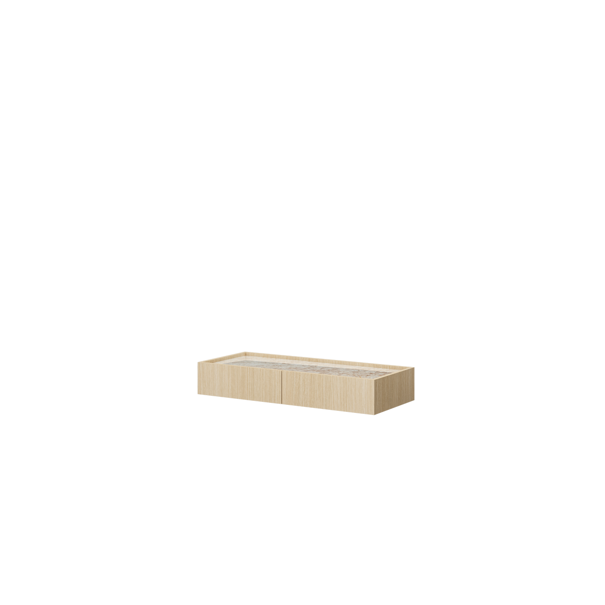 Front view of SOBA wall-mounted console in Copenhagen Oak with beige stone-effect top and two-part front