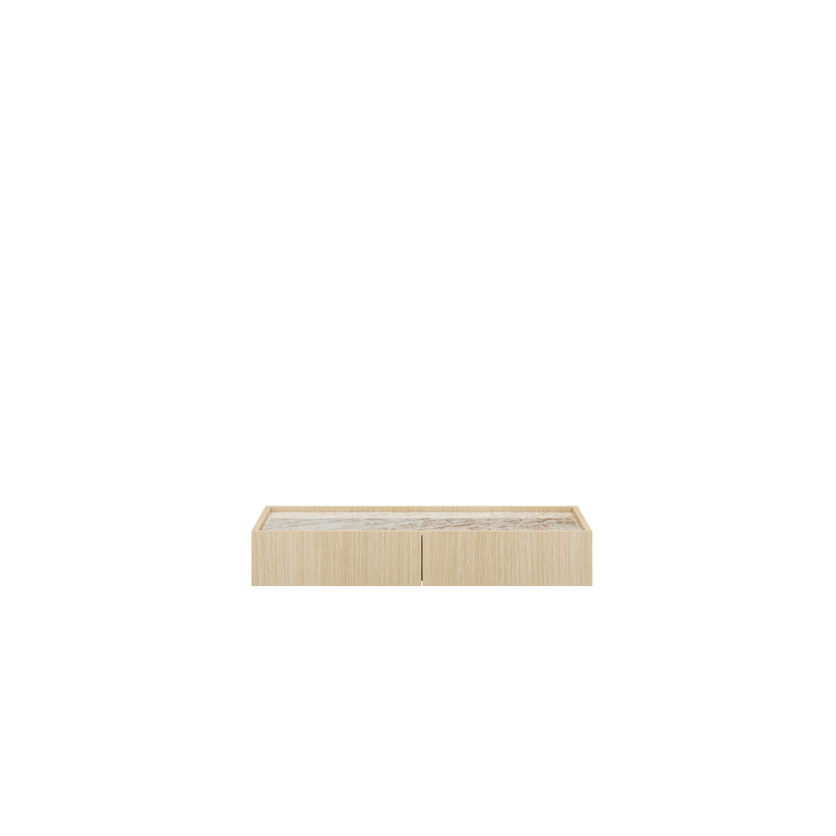 Angled view of SOBA wall-mounted console showing Copenhagen Oak sides and beige stone-effect top