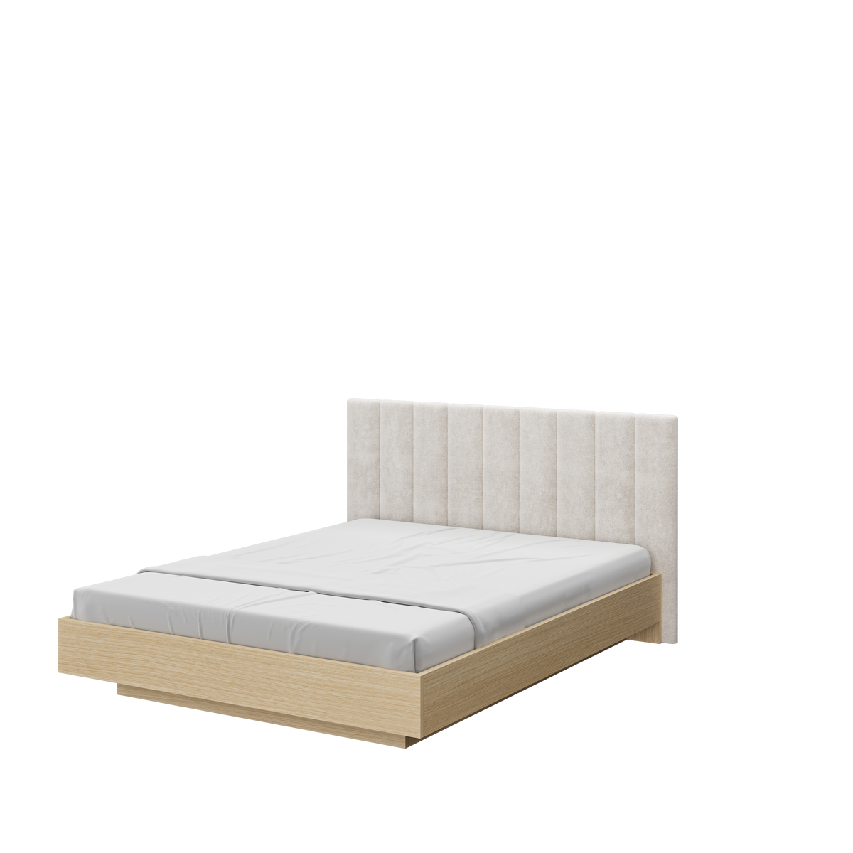 SOBA bed in Dąb Sonoma oak decor with a vertically stitched upholstered headboard, angled view