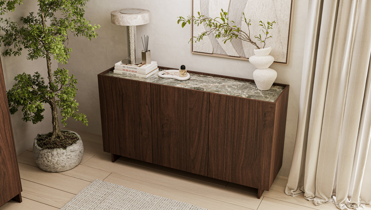 SOBA 3-Door Sideboard – Villa Walnut with Green Stone-Effect Top, 150 cm