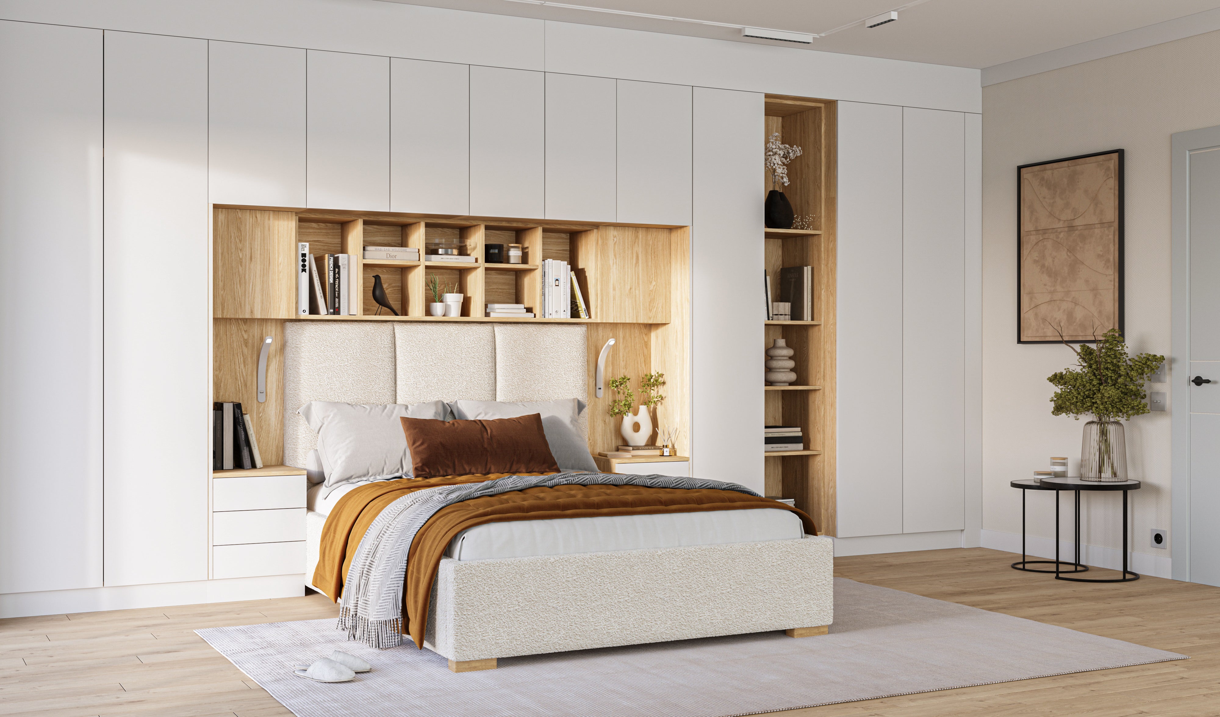 SLEEP VARIA Customizable Bedroom Build-in System with Nightstands – Oiled Oak / White Gloss