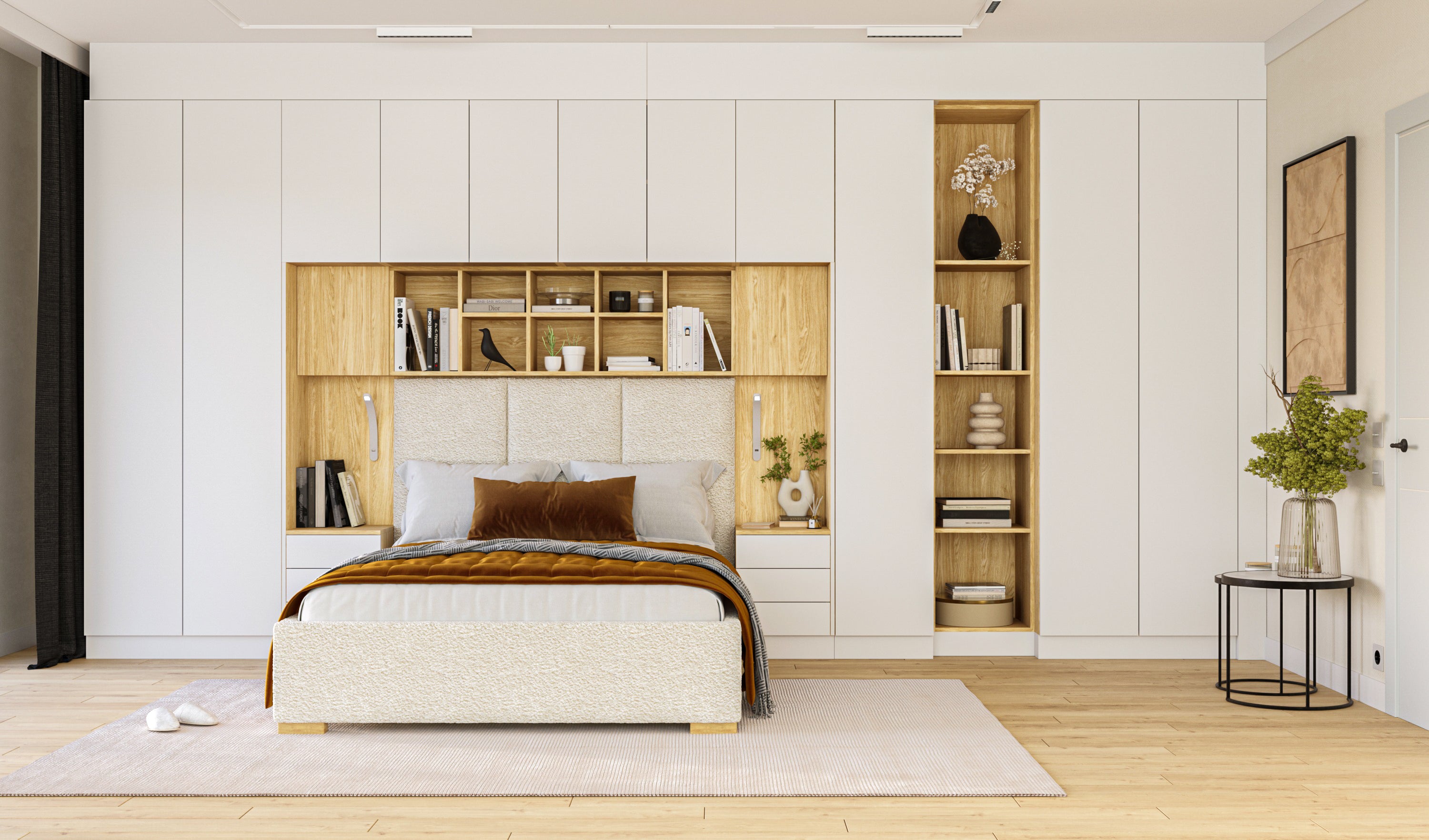 SLEEP VARIA Customizable Bedroom Build-in System with Nightstands – Oiled Oak / White Gloss