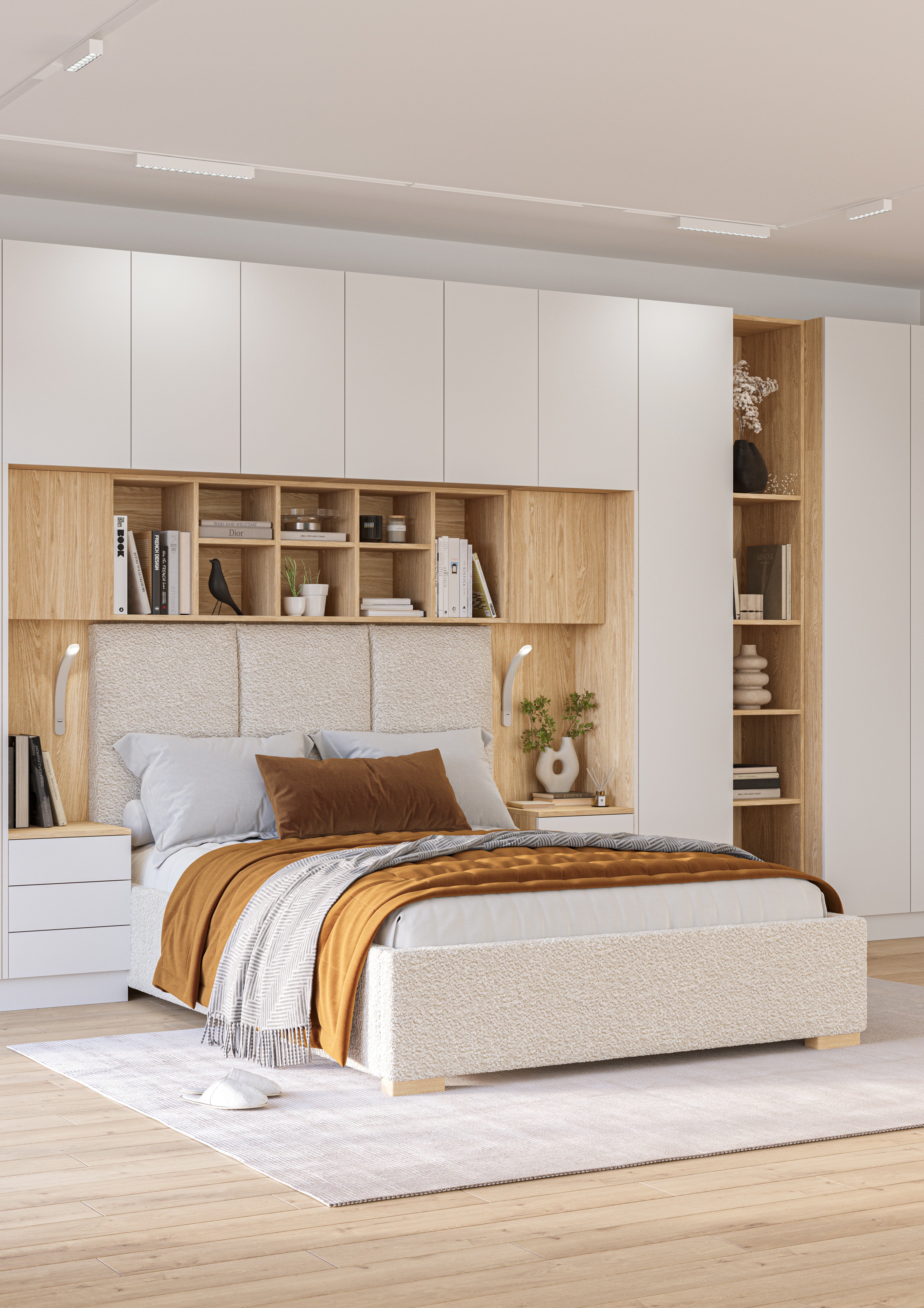 SLEEP VARIA Customizable Bedroom Build-in System with Nightstands – Oiled Oak / White Gloss