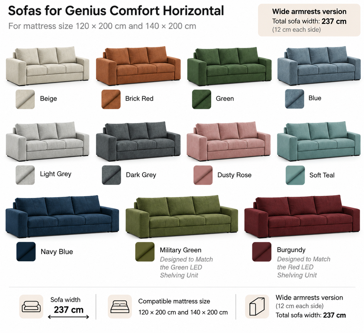 Genius Comfort Horizontal Murphy Bed with Sofa 120x200 cm – Cashmere