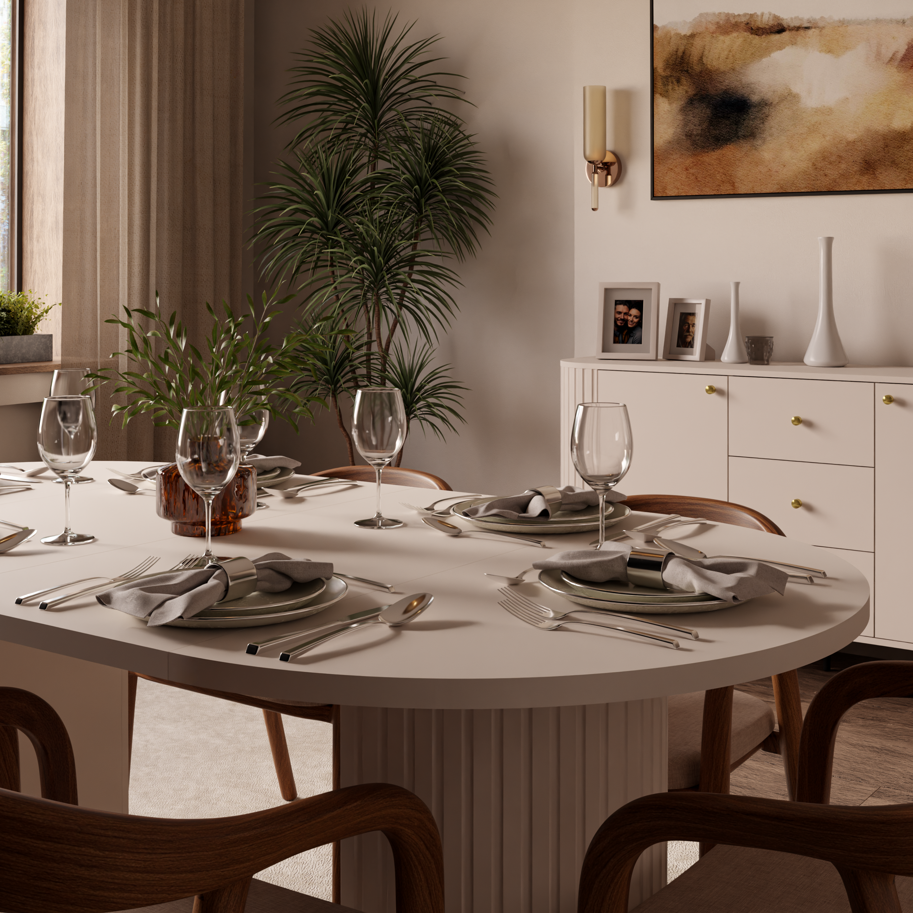 Round Extendable Dining Table LE OVALIO 100-1880 cm- Sand Beige