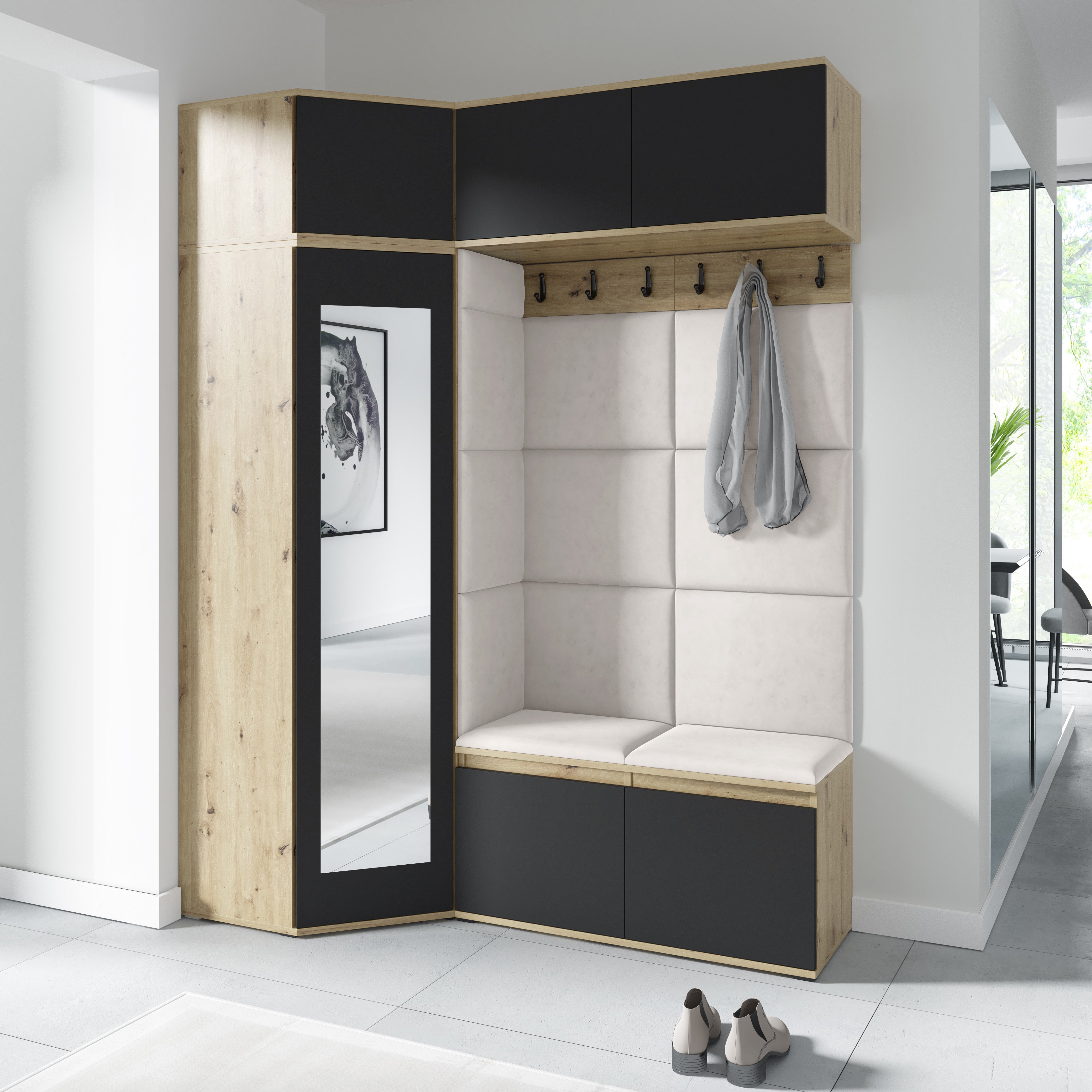 Emi 38 Hallway Wardrobe Set with Upholstered Panels – Artisan Oak / Black