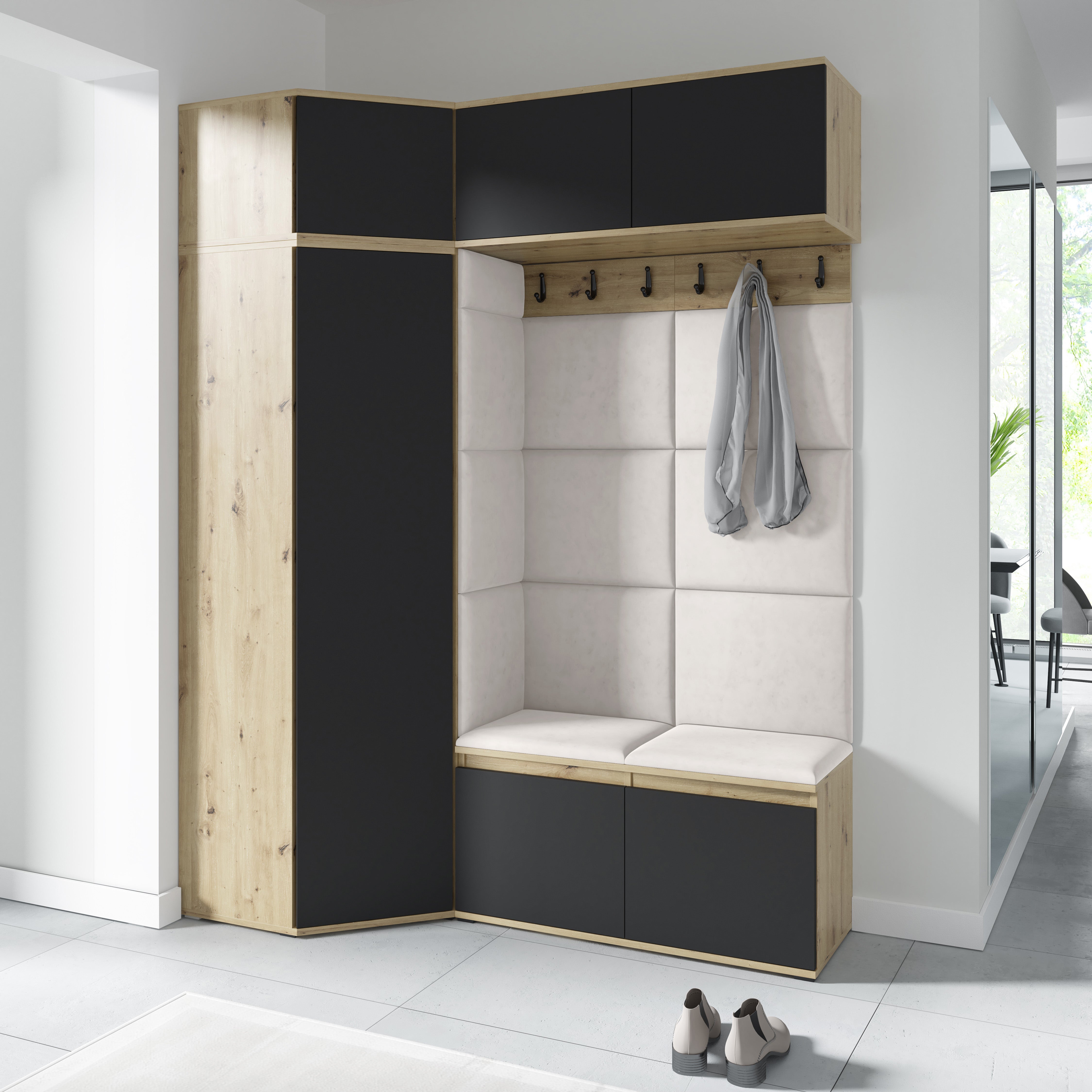 Emi 38 Hallway Wardrobe Set with Upholstered Panels – Artisan Oak / Black