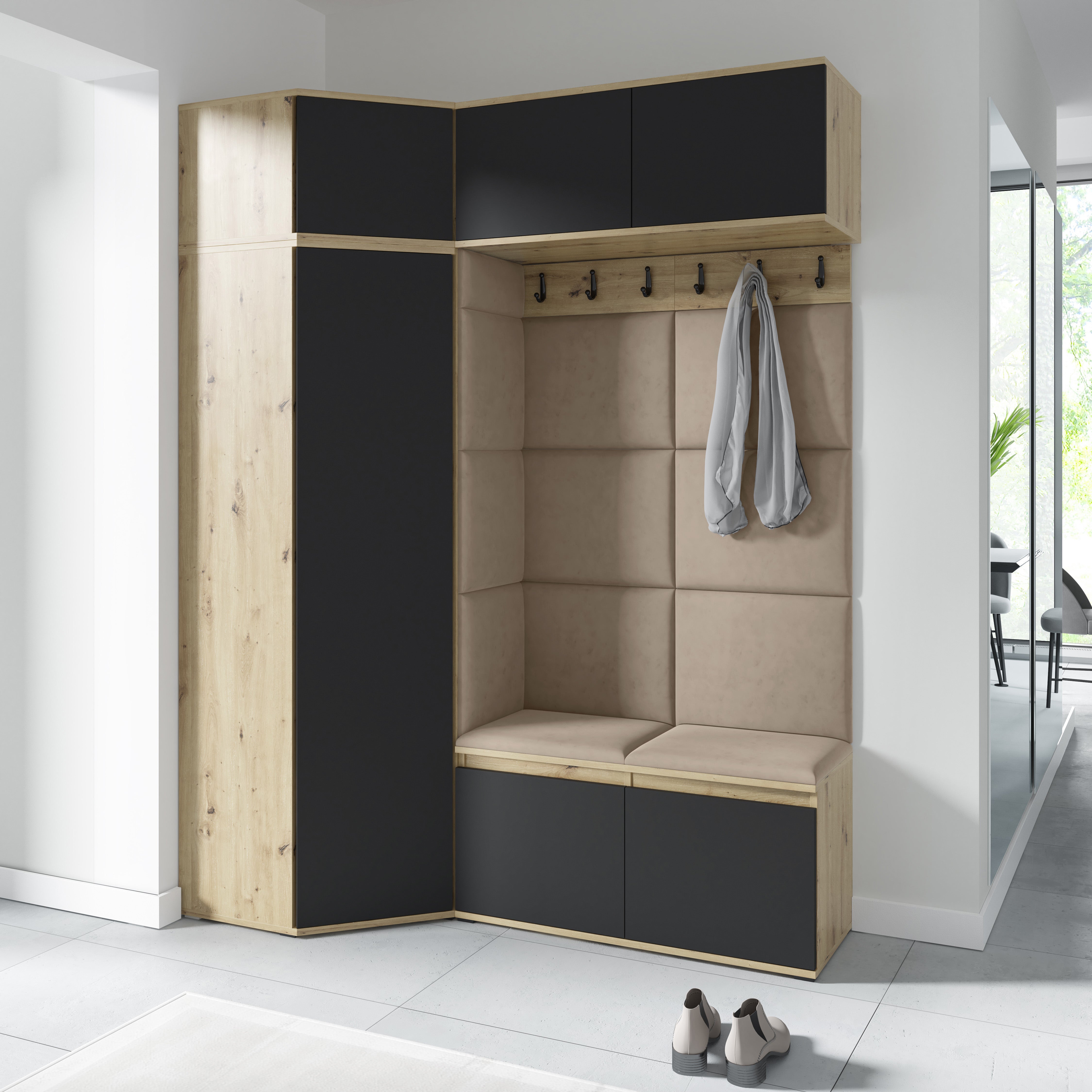 Emi 38 Hallway Wardrobe Set with Upholstered Panels – Artisan Oak / Black